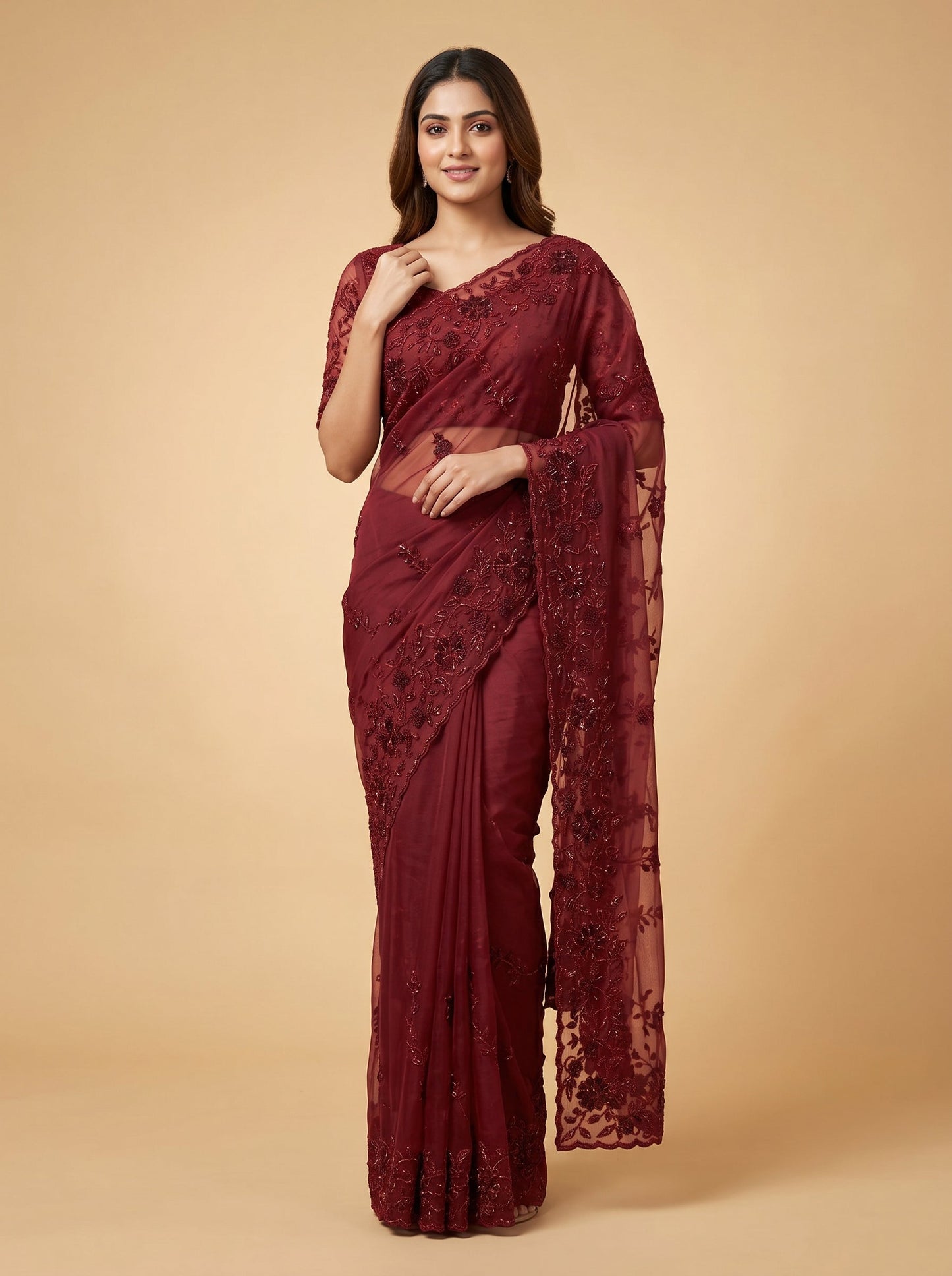 Maroon Embroidered Saree with Vivid Work