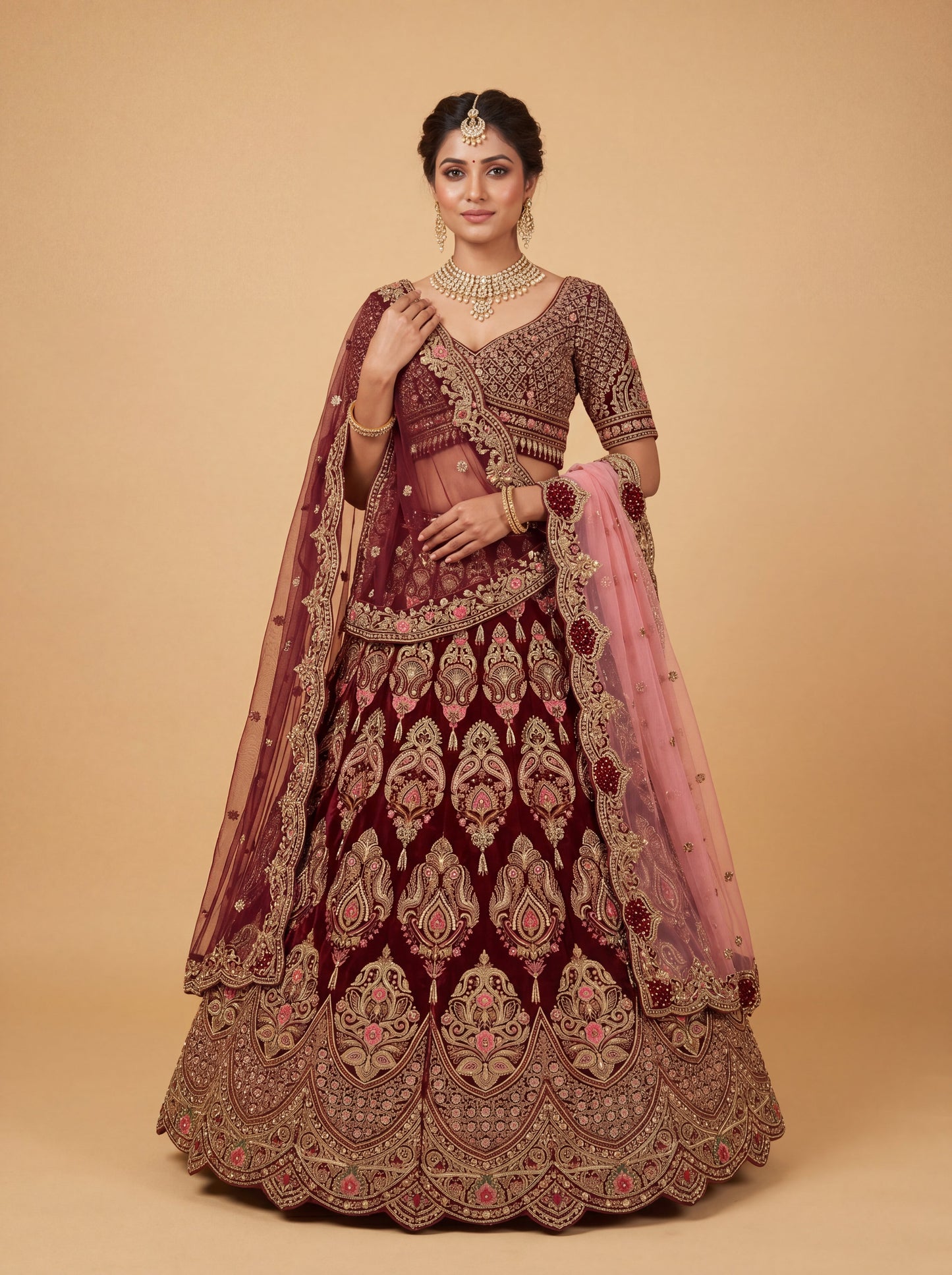 Maroon Pheras Bridal Lehenga With Classic Threadwork