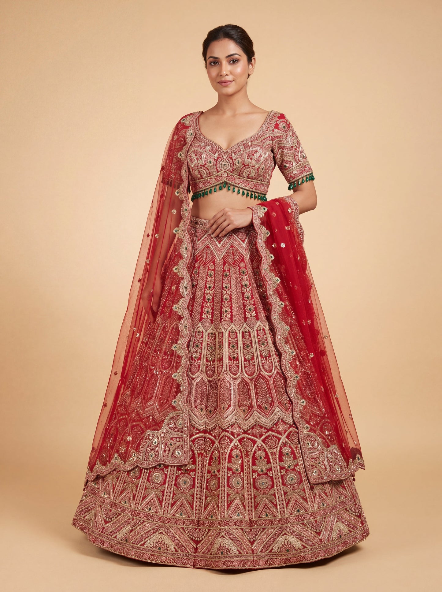 Maroon Pheras Bridal Lehenga With Golden Zari Work Flared Skirt