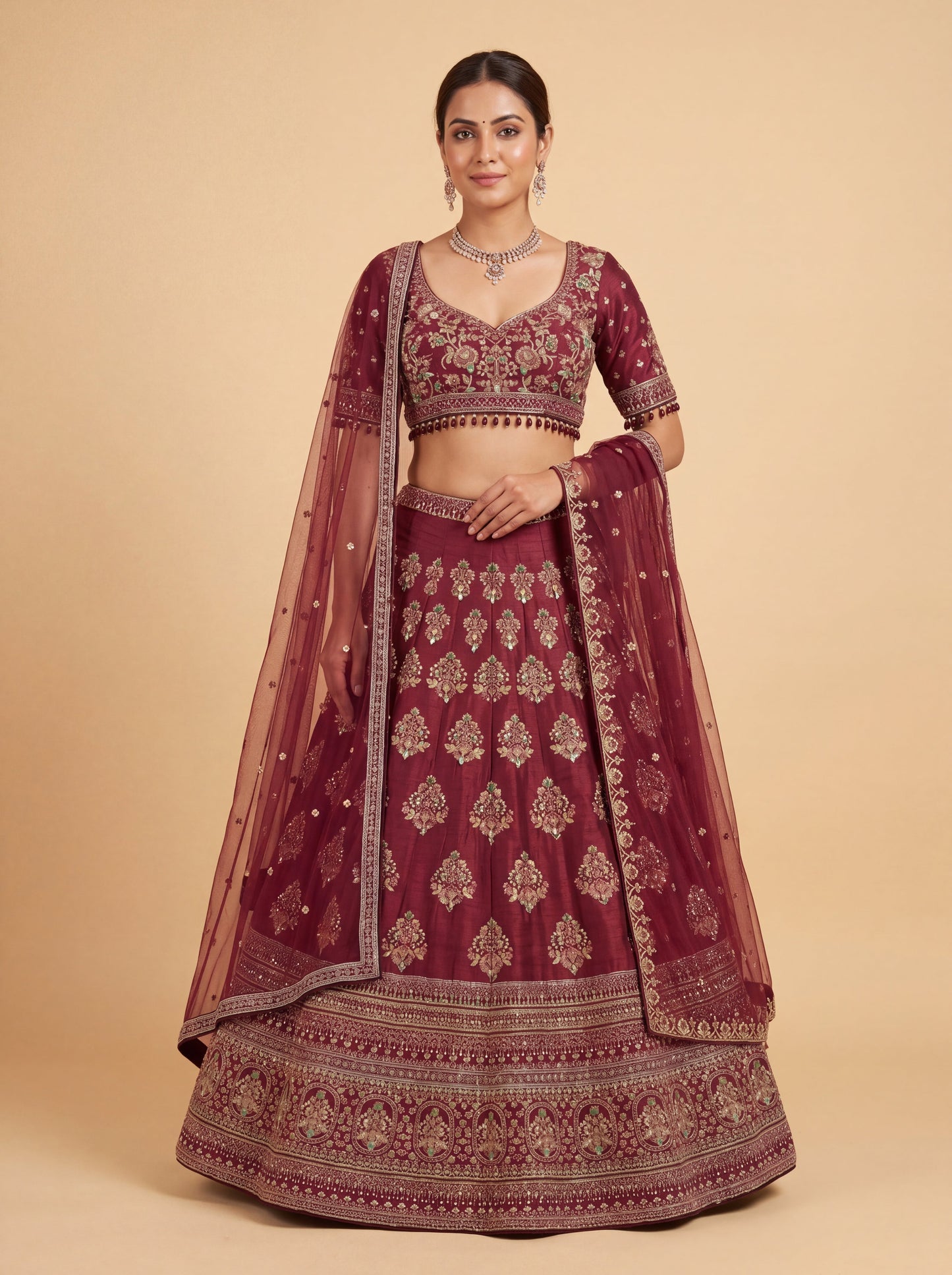 Maroon Pheras Bridal Lehenga With Rich Embroidery Pink Dupatta