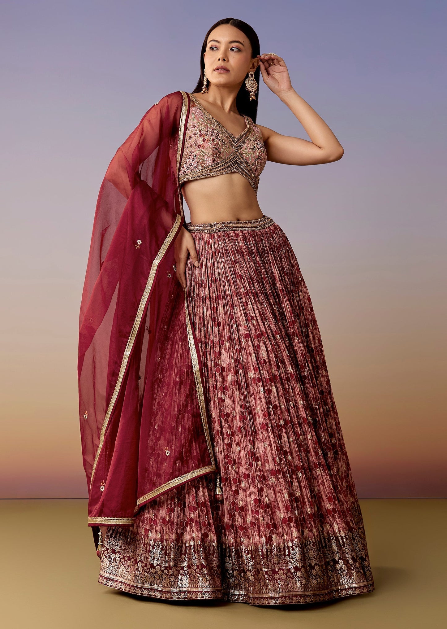 Maroon Printed Bridesmaid Lehenga Set