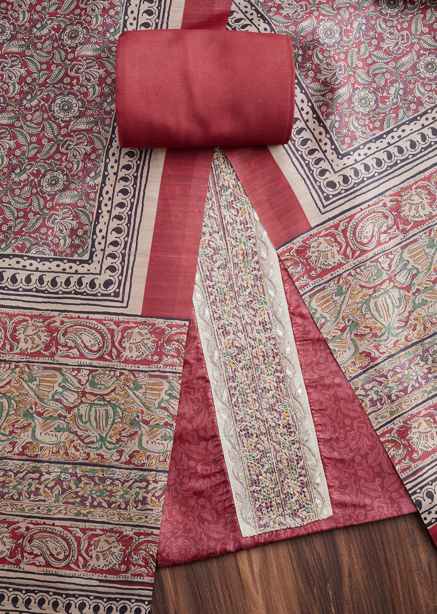 Maroon Printed Dola Silk Unstitched Suit