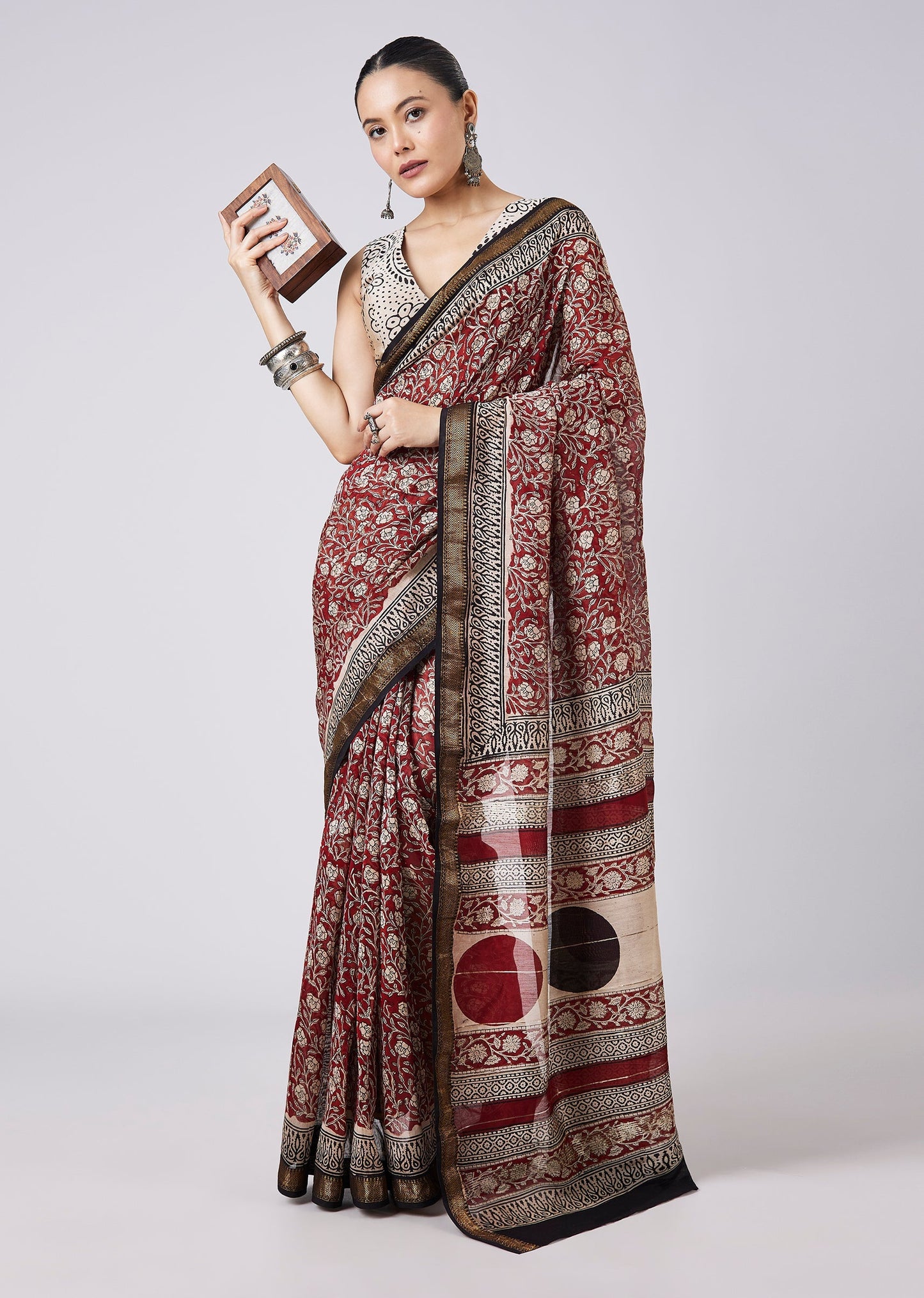 Maroon Printed Saree with Unstitched Blouse