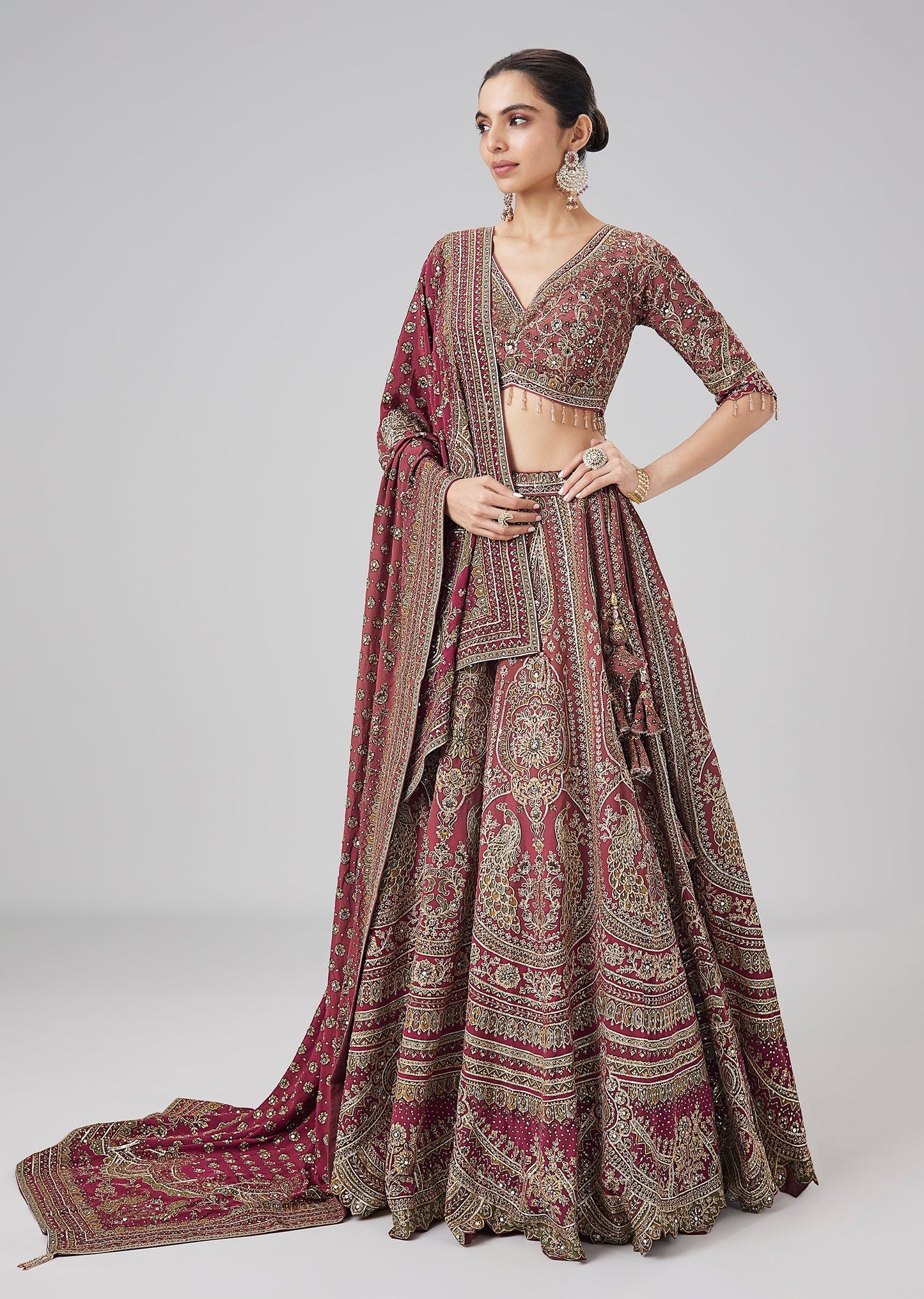 Maroon Printed Zari Embellished Lehenga Set With Dupatta