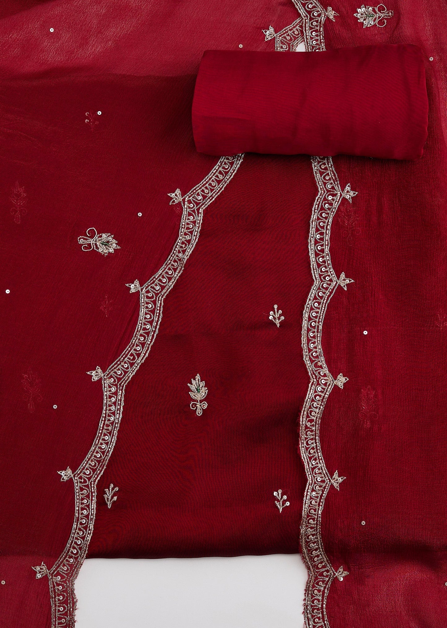 Maroon Tissue Embroidered Unstitched Suit Set With Dupatta
