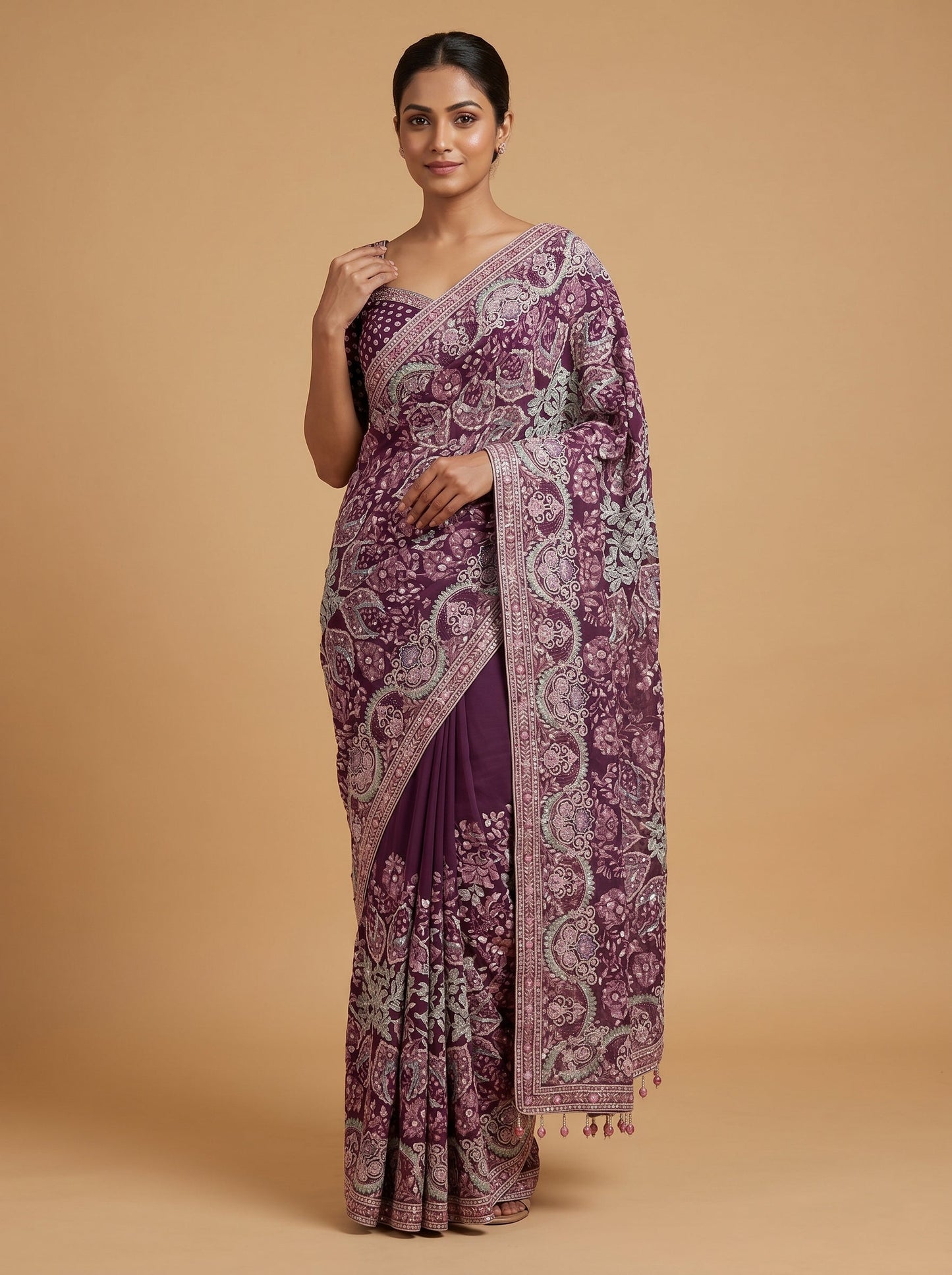 Maroon Velvet Depth Embroidered Saree