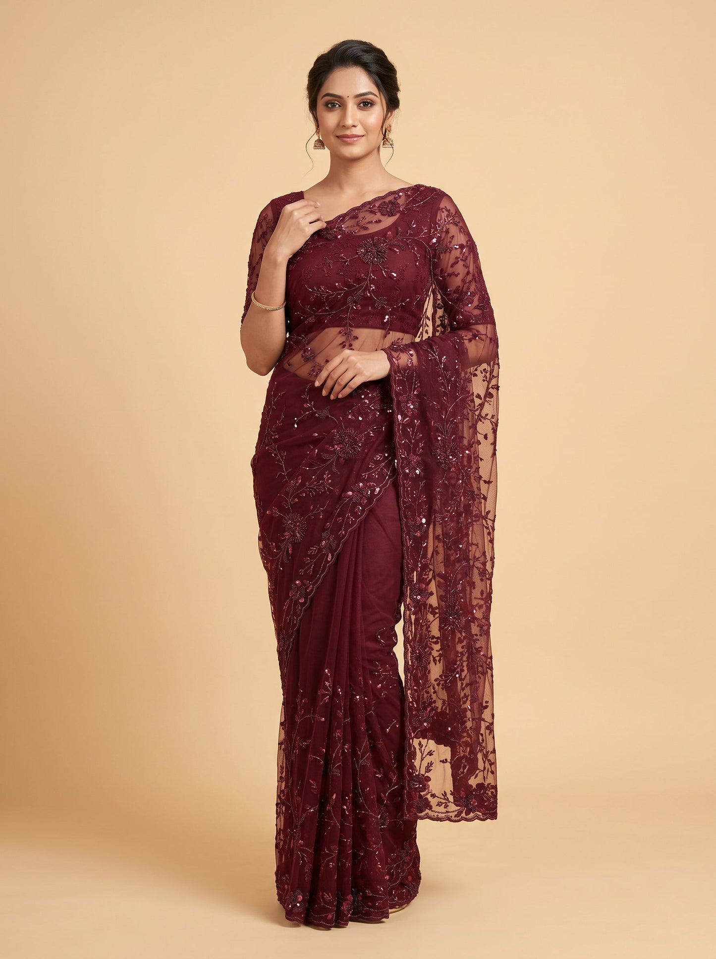 Maroon Velvet Ember Embroidered Saree