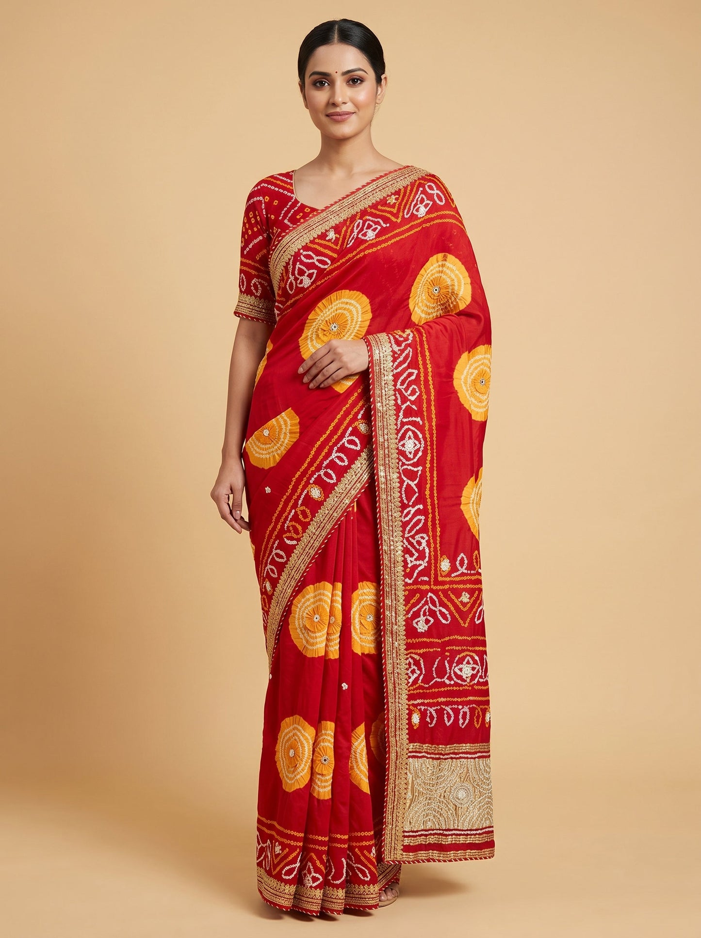 Maroon Yellow Dual Tone Bandhani Saree