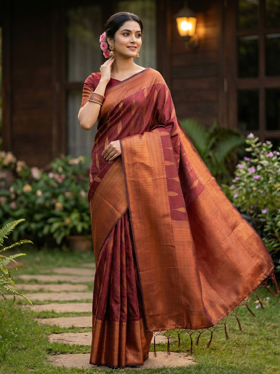 Anaita Maroon Silk Blend Woven Saree With Blouse