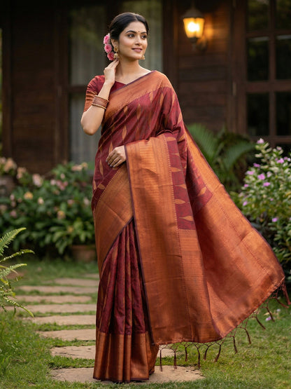 Anaita Maroon Silk Blend Woven Saree With Blouse