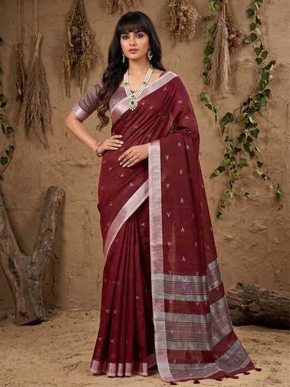 Anaita Maroon Linen Cotton Zari Work Saree With Blouse