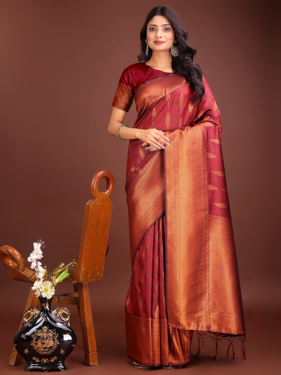 Anaita Maroon Banarasi Silk Woven Saree With Blouse