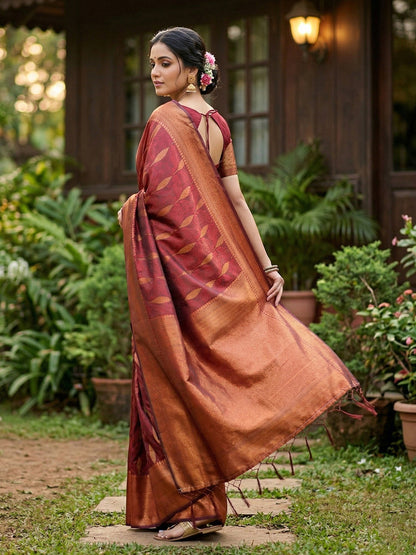 Anaita Maroon Silk Blend Woven Saree With Blouse