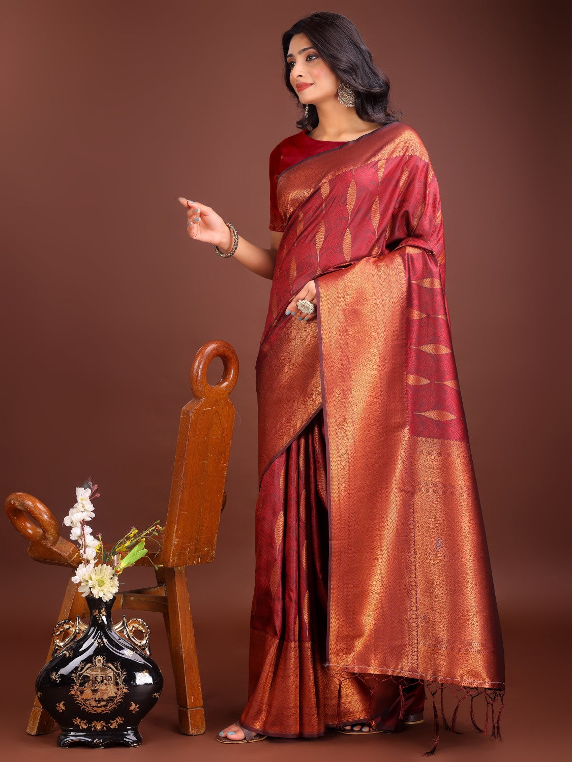Anaita Maroon Banarasi Silk Woven Saree With Blouse