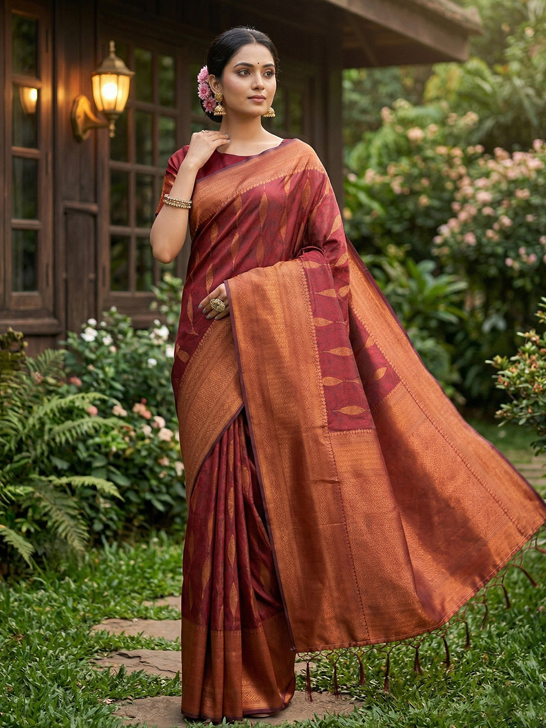 Anaita Maroon Silk Blend Woven Saree With Blouse