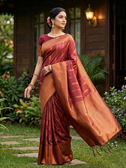 Anaita Maroon Silk Blend Woven Saree With Blouse
