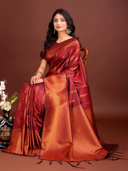 Anaita Maroon Banarasi Silk Woven Saree With Blouse