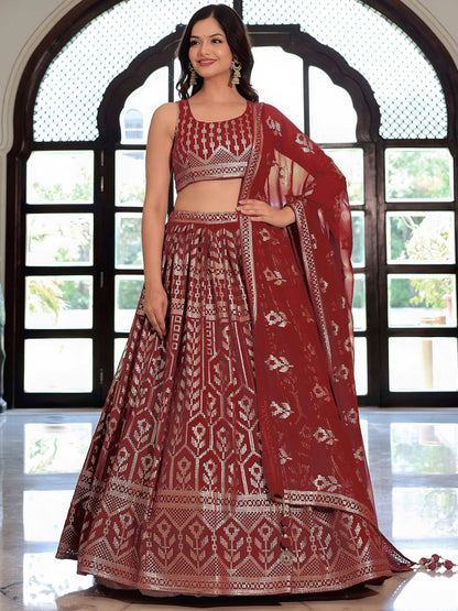 Tulsi Art Elegant Maroon Georgette Embroidered Lehenga Choli With Dupatta