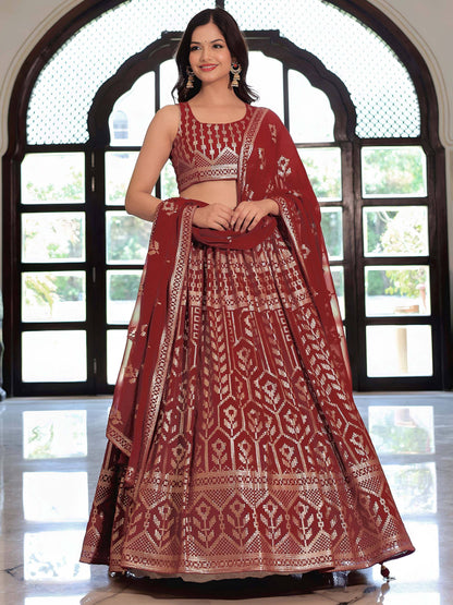 Tulsi Art Elegant Maroon Georgette Embroidered Lehenga Choli With Dupatta