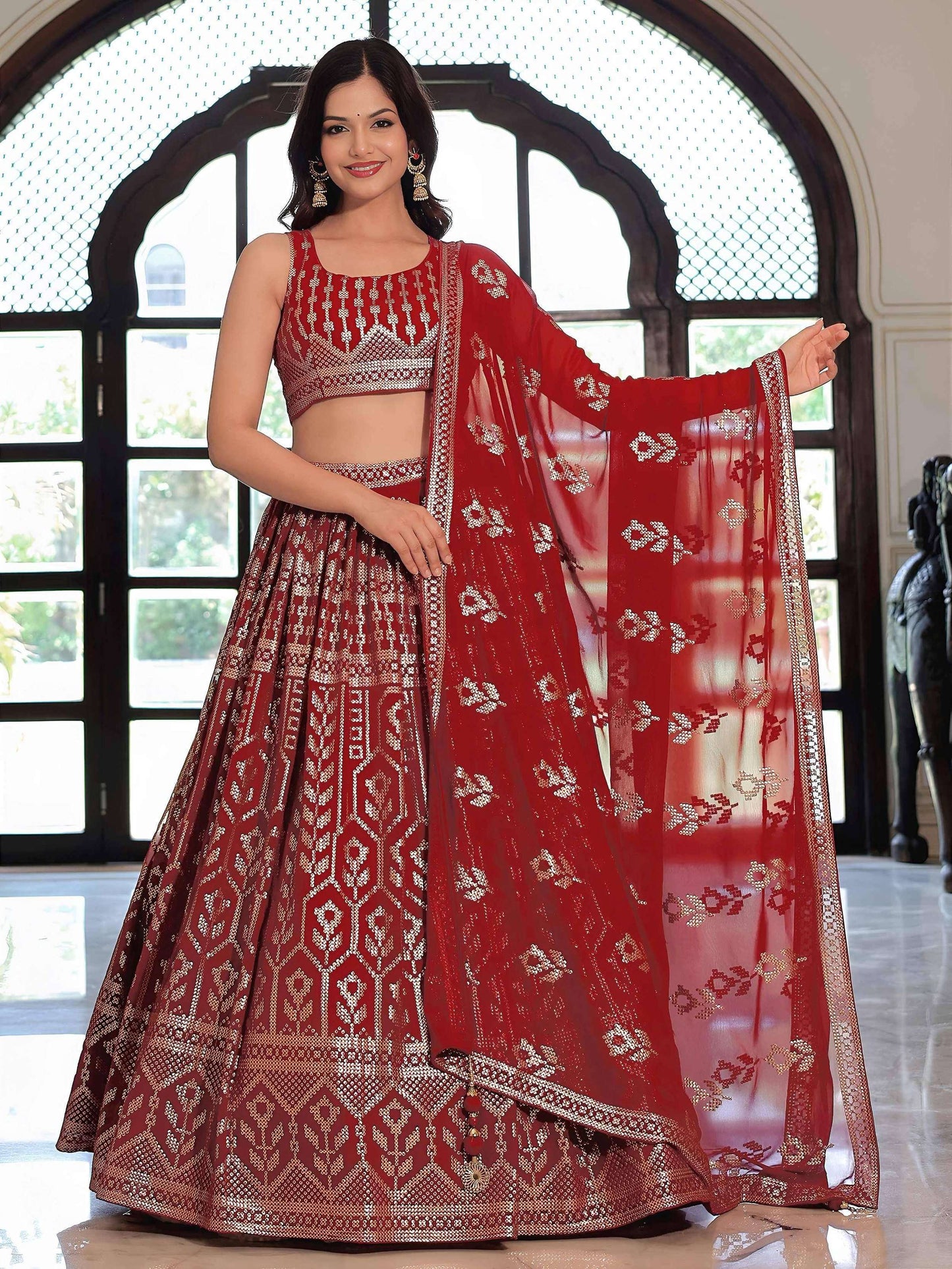 Tulsi Art Elegant Maroon Georgette Embroidered Lehenga Choli With Dupatta