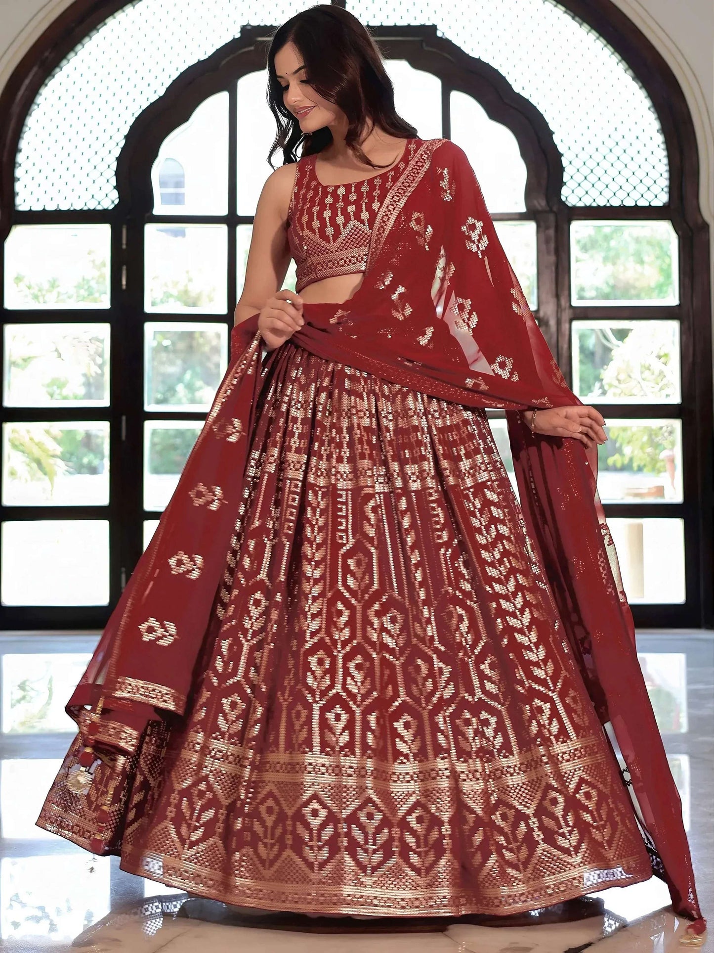 Tulsi Art Elegant Maroon Georgette Embroidered Lehenga Choli With Dupatta
