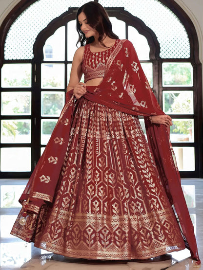 Tulsi Art Elegant Maroon Georgette Embroidered Lehenga Choli With Dupatta
