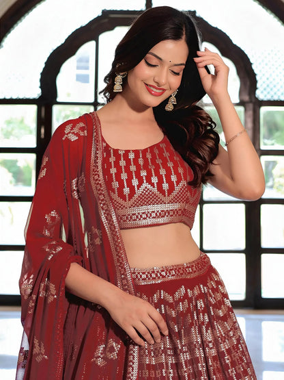 Tulsi Art Elegant Maroon Georgette Embroidered Lehenga Choli With Dupatta