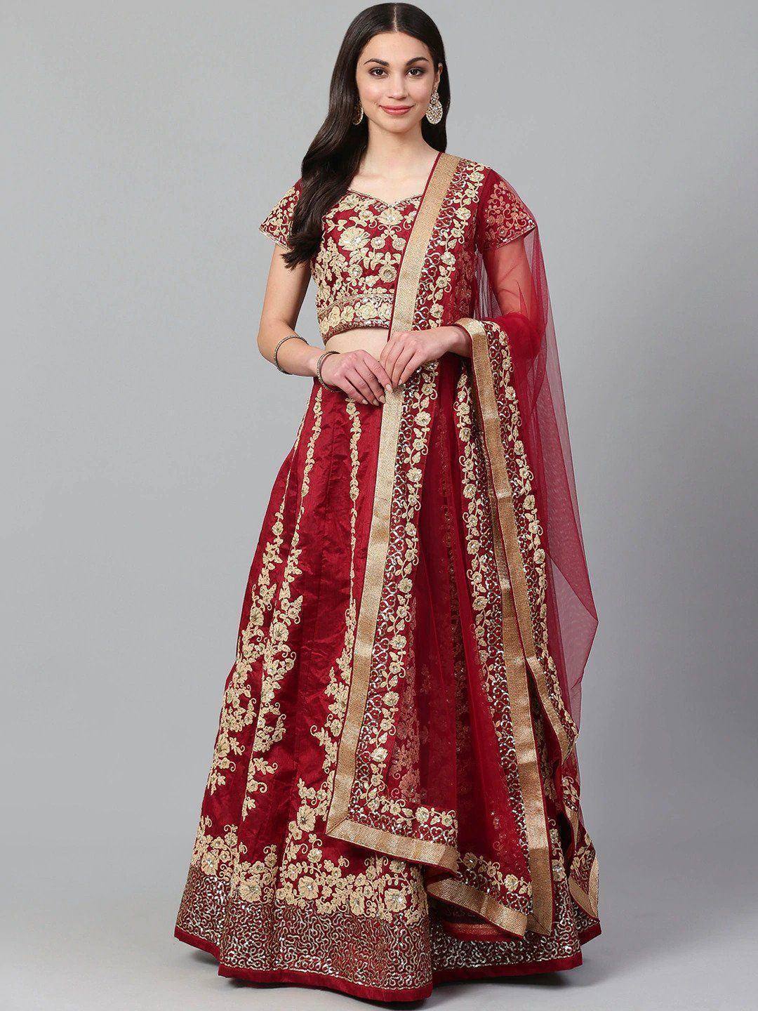 Tulsi Art Maroon & Golden Semi-Stitched Myntra Wedding Lehenga & Unstitched Blouse With Dupatta