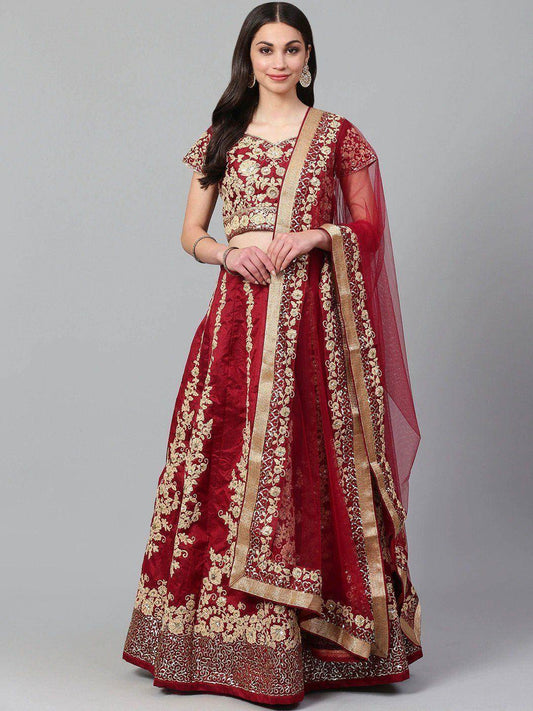 Tulsi Art Maroon & Golden Semi-Stitched Myntra Wedding Lehenga & Unstitched Blouse With Dupatta