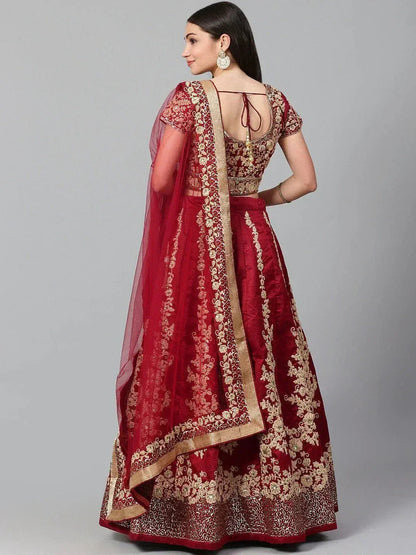 Tulsi Art Maroon & Golden Semi-Stitched Myntra Wedding Lehenga & Unstitched Blouse With Dupatta
