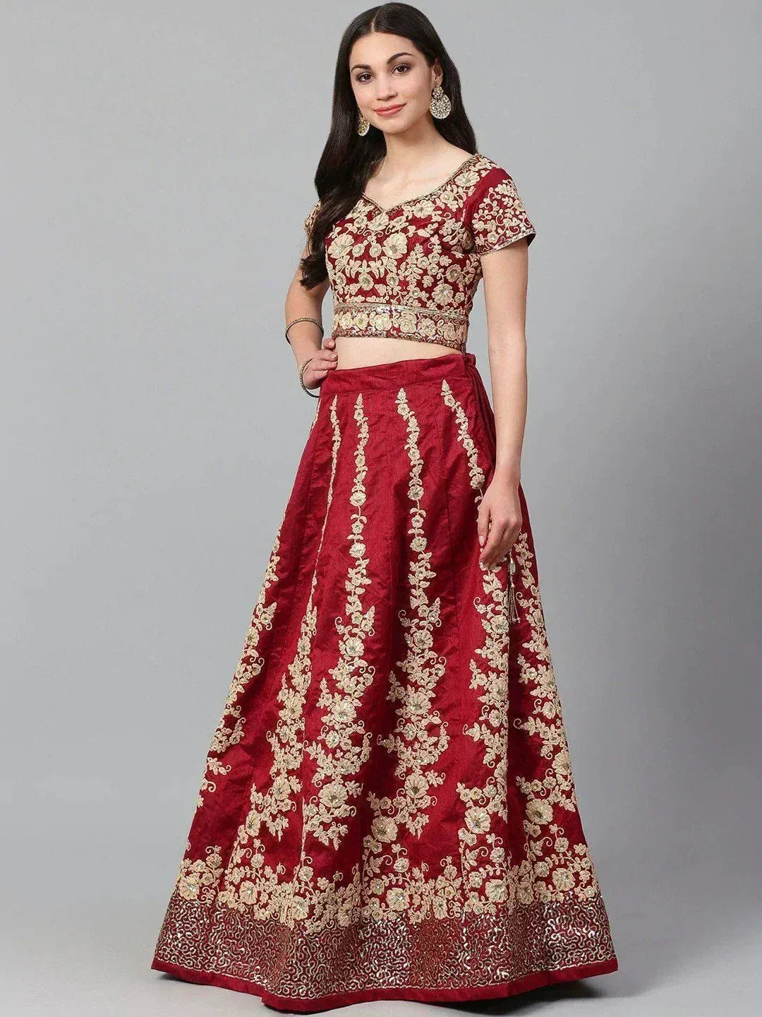Tulsi Art Maroon & Golden Semi-Stitched Myntra Wedding Lehenga & Unstitched Blouse With Dupatta