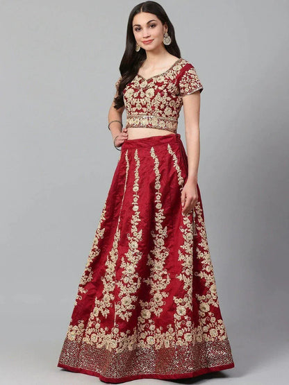 Tulsi Art Maroon & Golden Semi-Stitched Myntra Wedding Lehenga & Unstitched Blouse With Dupatta