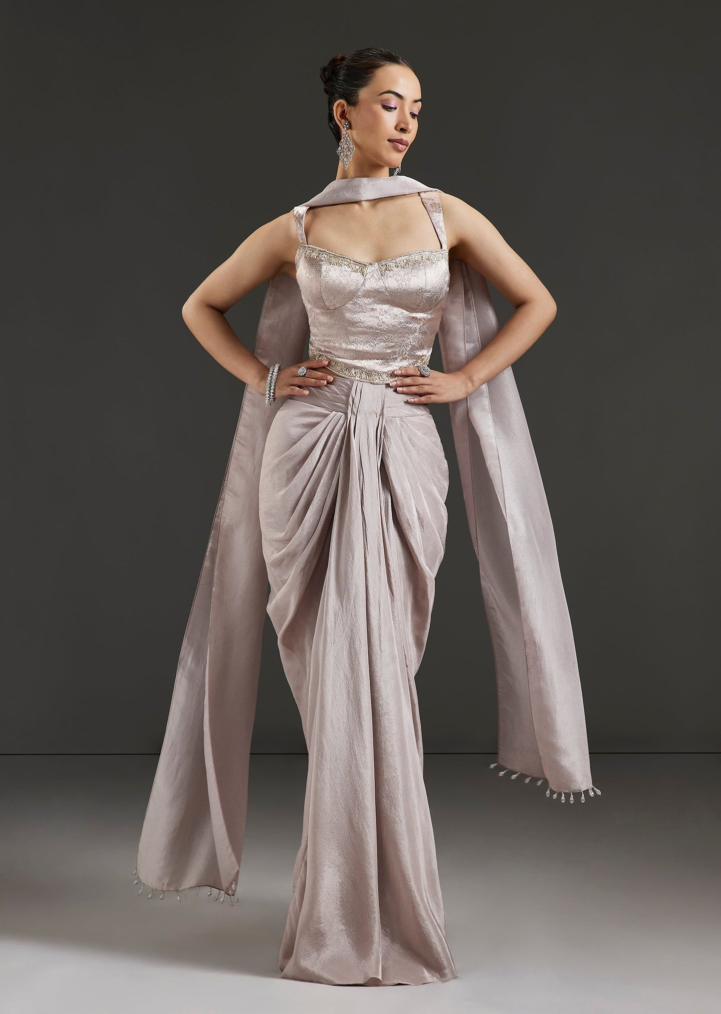 Mauve Banarasi Silk Corset With Tissue Drape Skirt And Stole Dupatta