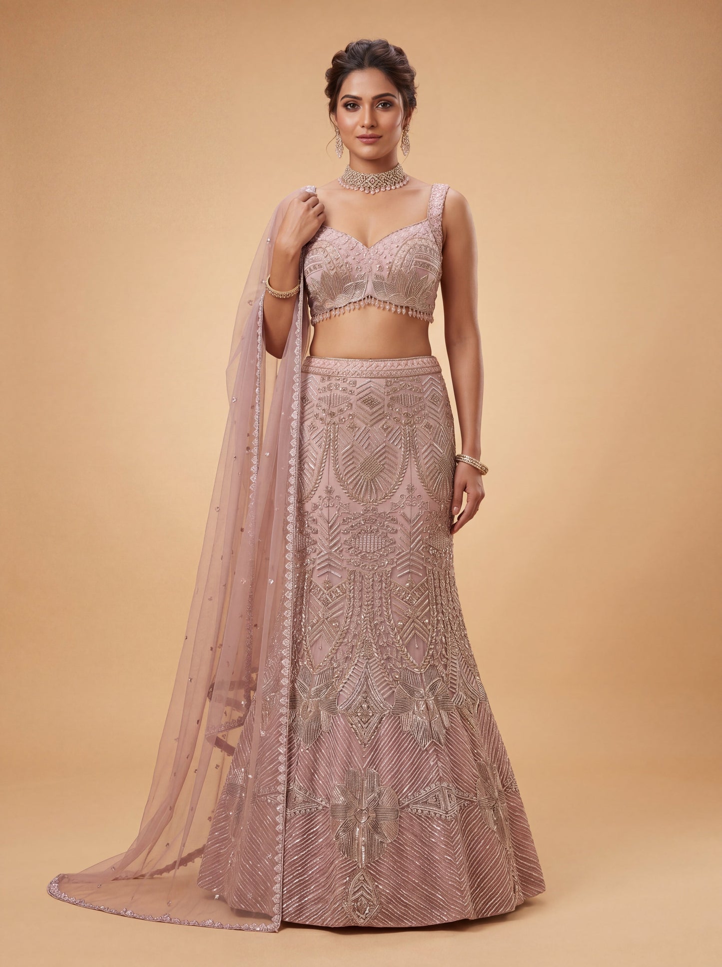 Mauve Contemporary Bridal Lehenga With Delicate Embellishment