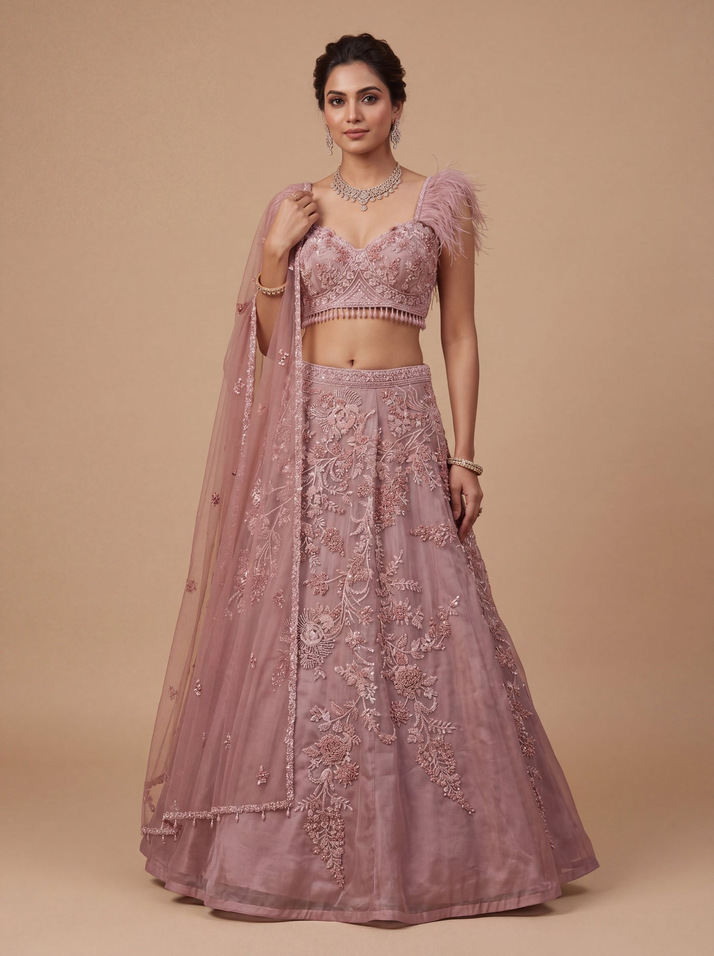 Mauve Contemporary Bridal Lehenga With Floral Embroidery Volume