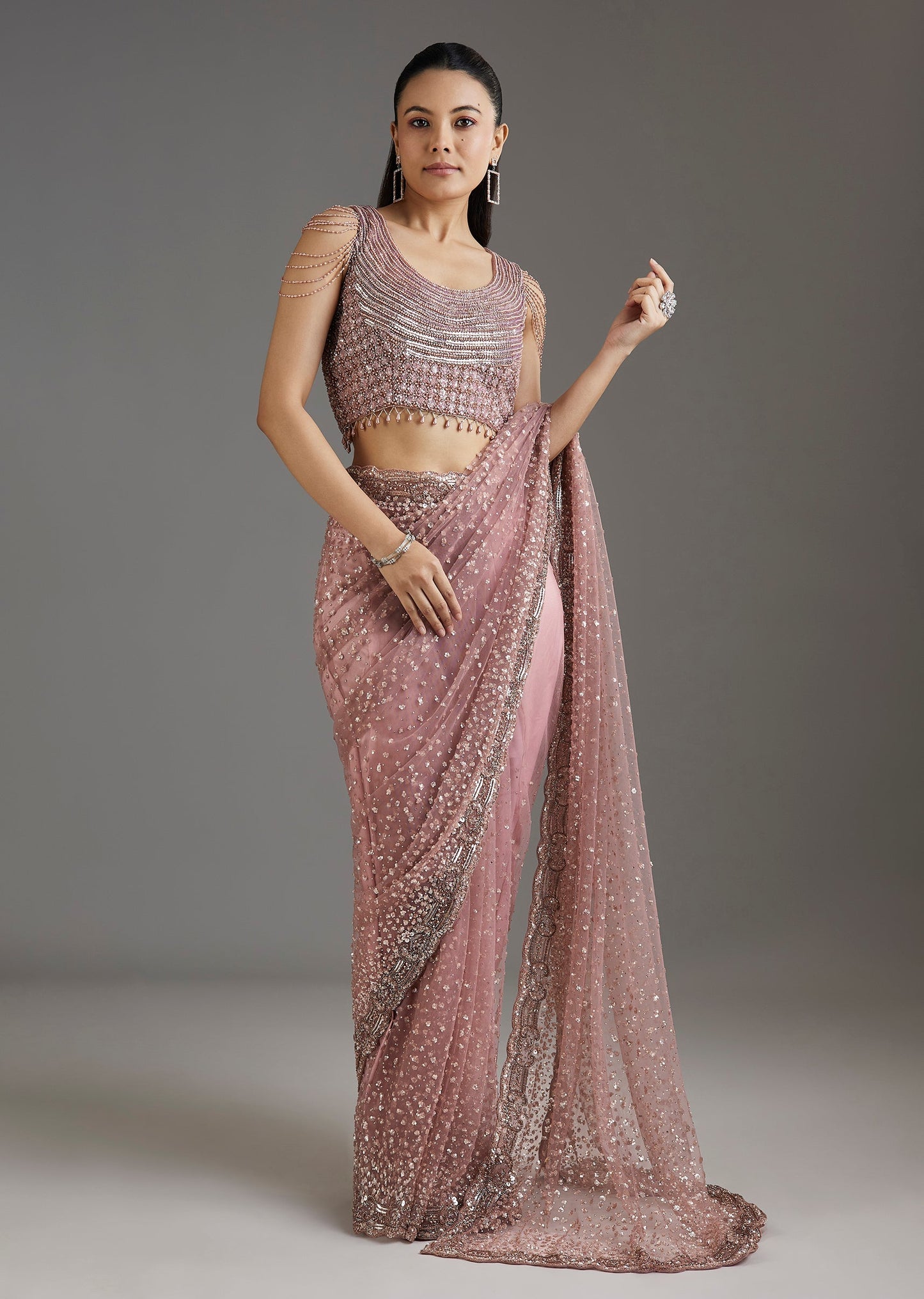 Mauve Net Embellished Saree With Sequins Blouse