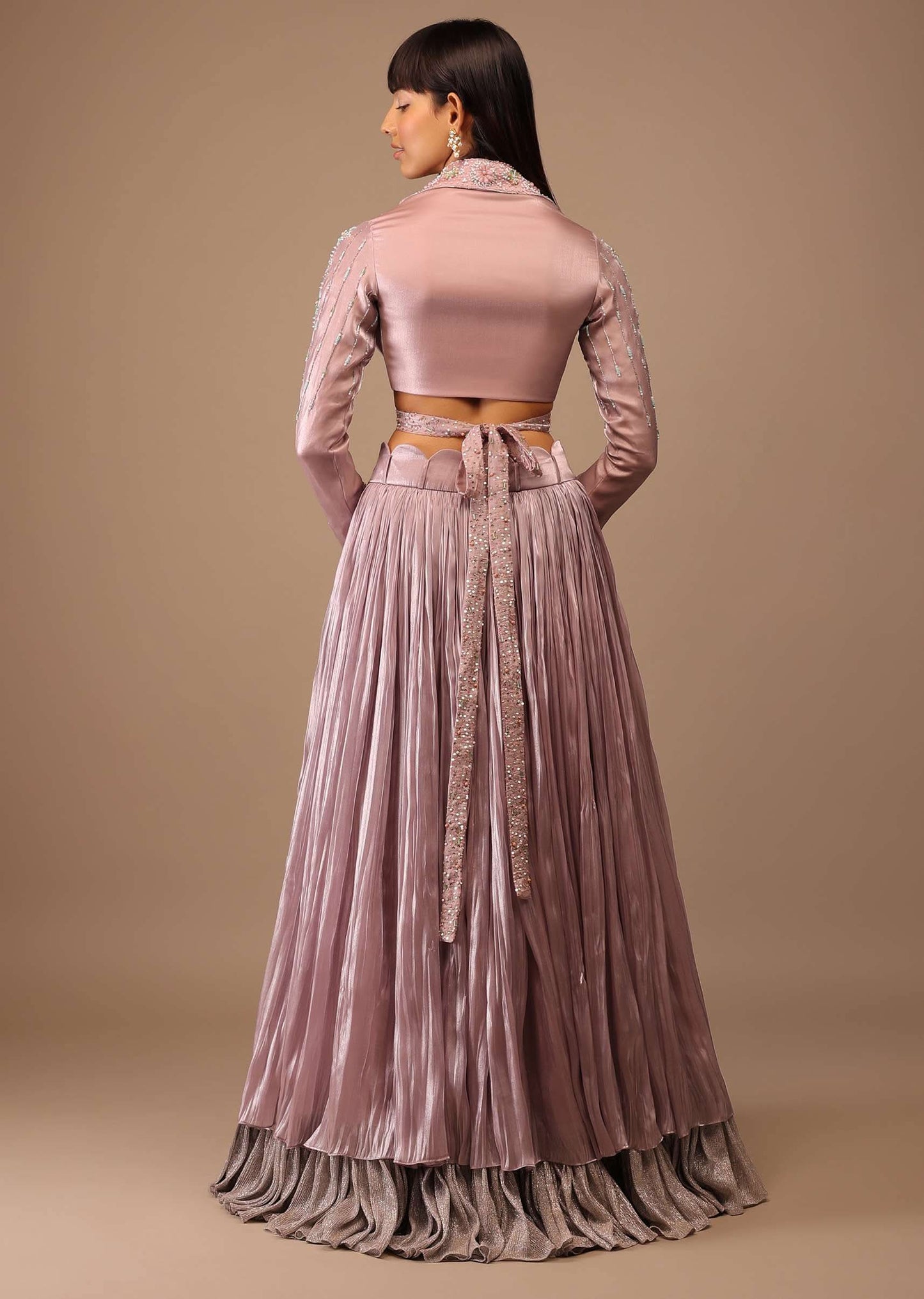 Powder Pink Two-Toned Layered Skirt With Hand Embroidered Tie -Up Crop-Top