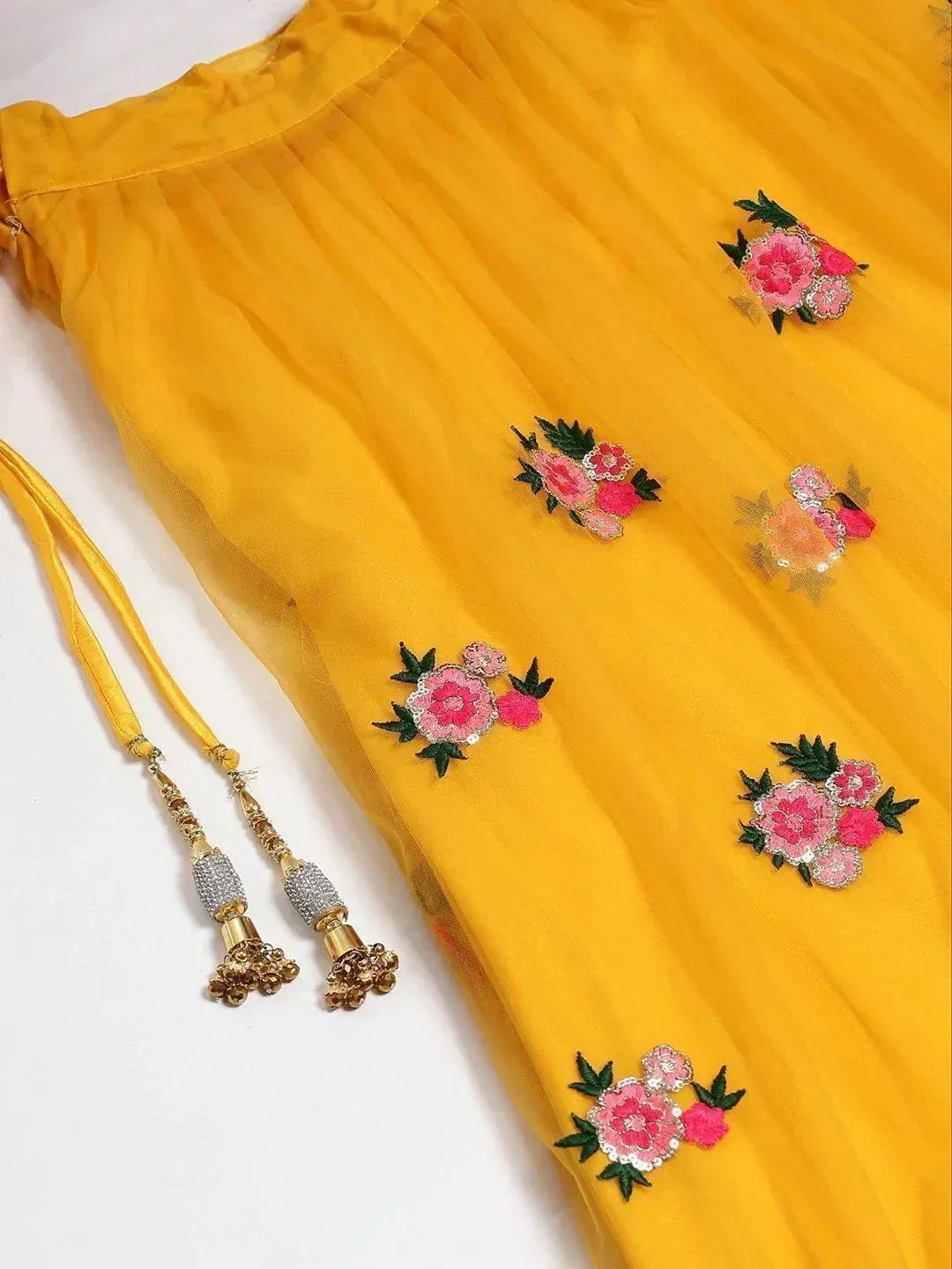 Tulsi Art Yellow & Pink Embroidered Semi-Stitched Myntra Lehenga & Unstitched Blouse With Dupatta