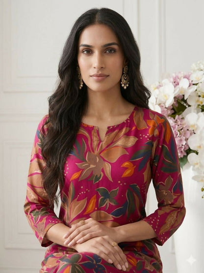 Teeya Creation Women New Latest Red Floral Printed Crepe Kurta with Palazzos Set