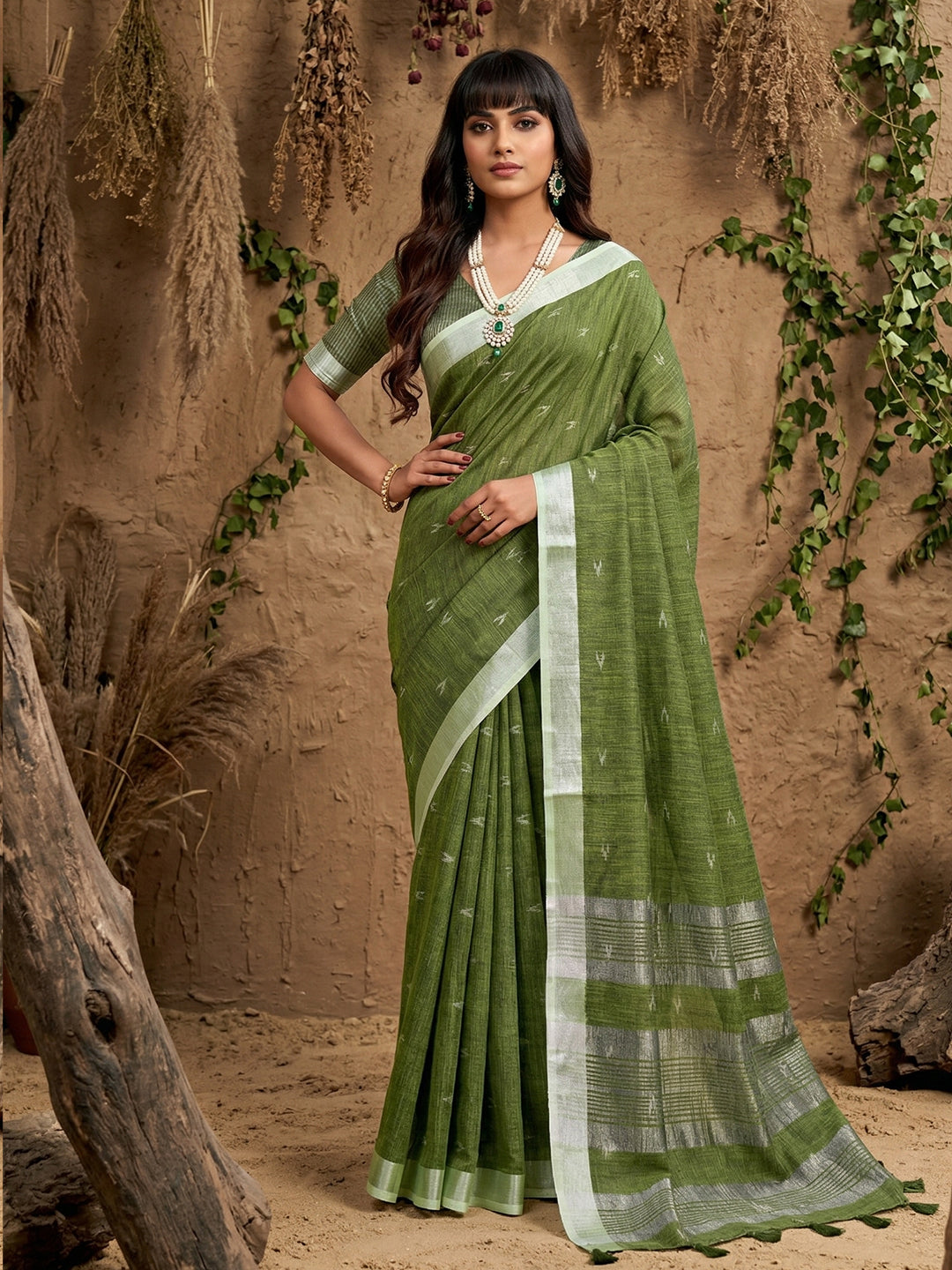 Anaita Mehendi Linen Cotton Zari Work Saree With Blouse