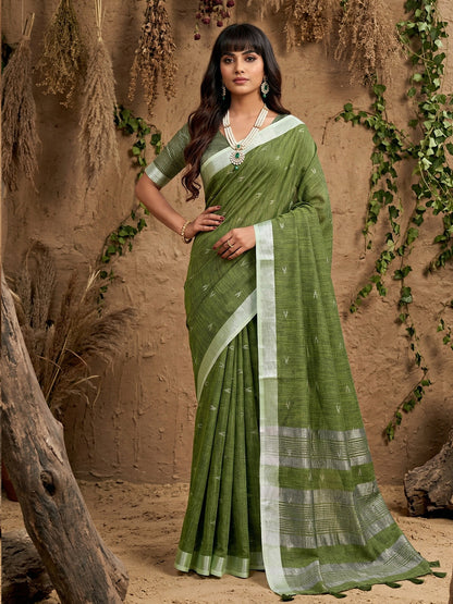 Anaita Mehendi Linen Cotton Zari Work Saree With Blouse