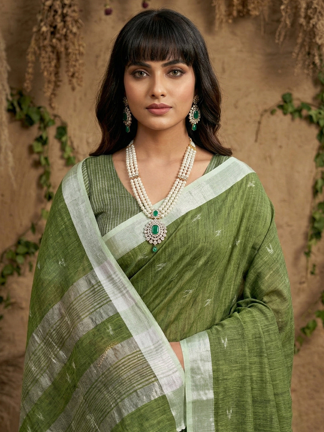Anaita Mehendi Linen Cotton Zari Work Saree With Blouse