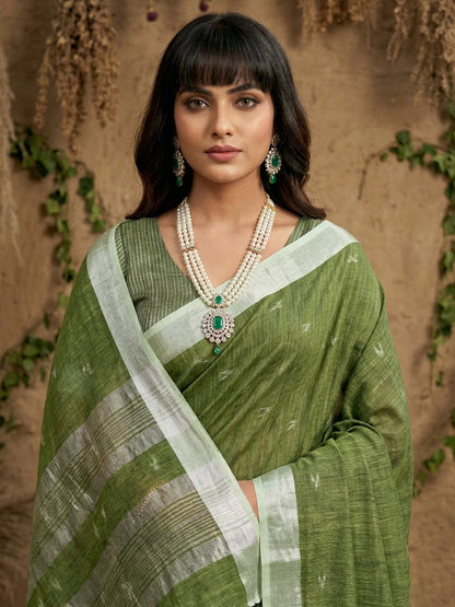 Anaita Mehendi Linen Cotton Zari Work Saree With Blouse
