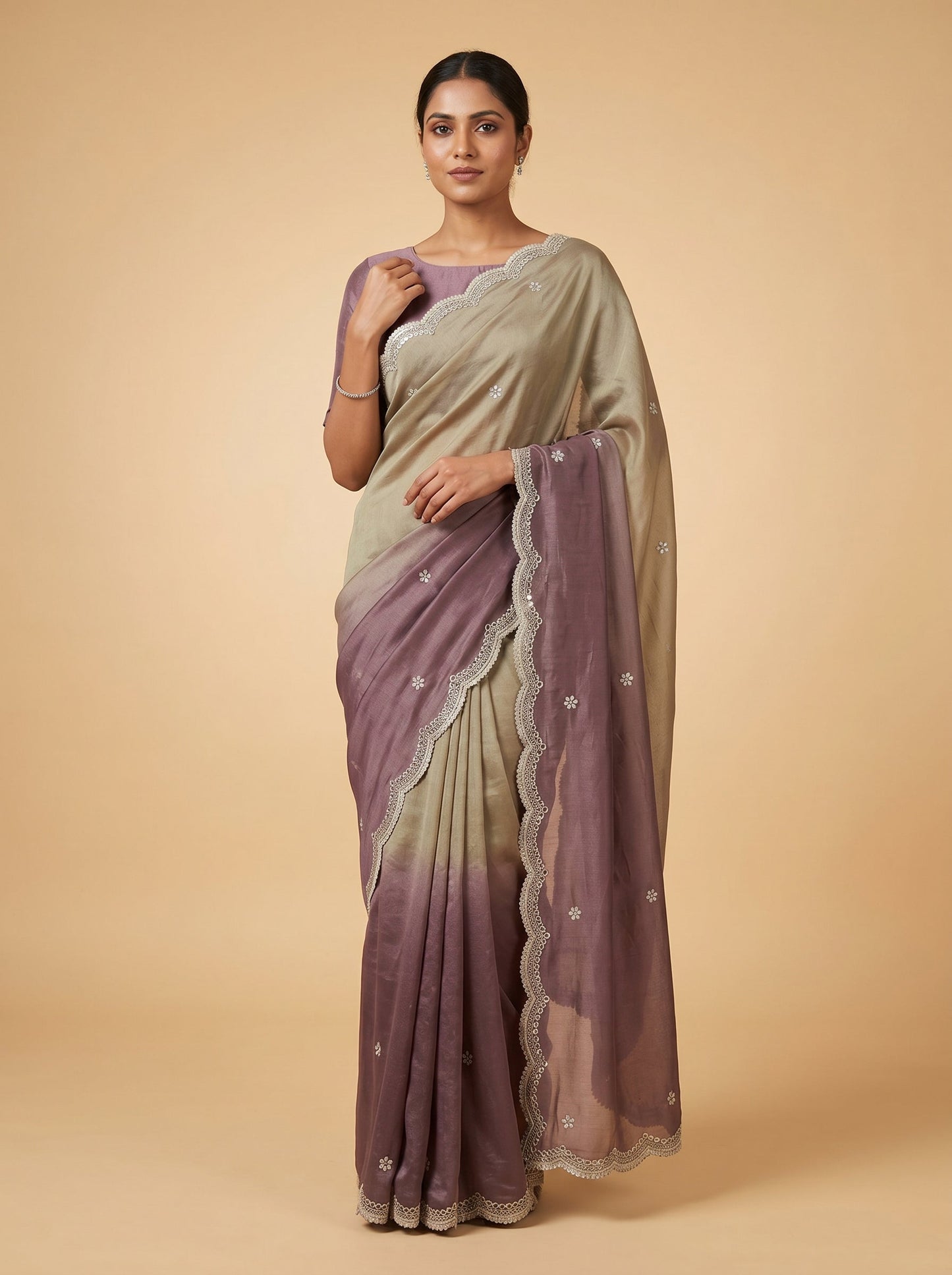 Mehendi Green Beige Fusion Weave Embroidered Saree