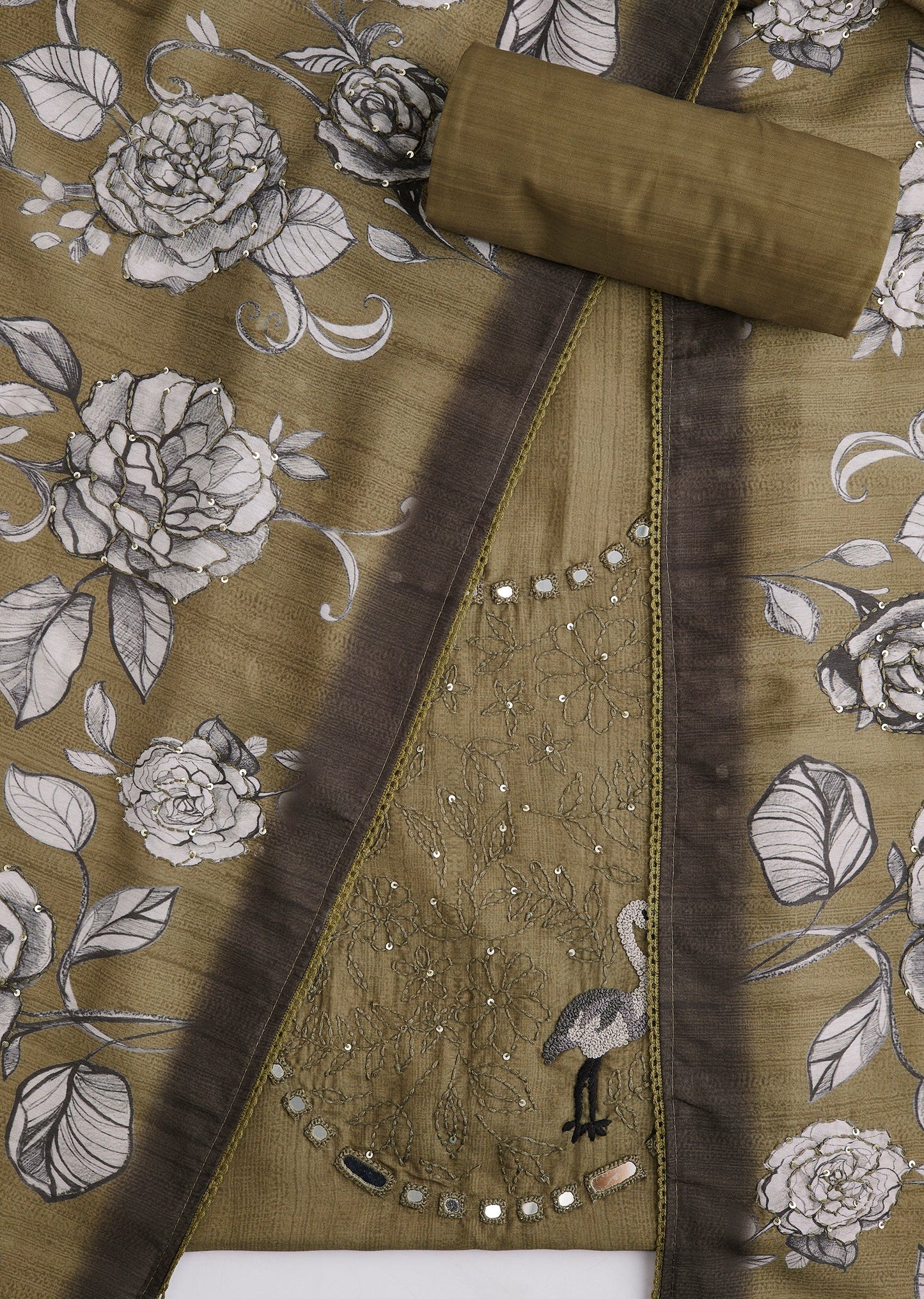 Mehendi Green Cotton Abla Work Unstitched Suit Set With Printed Dupatta
