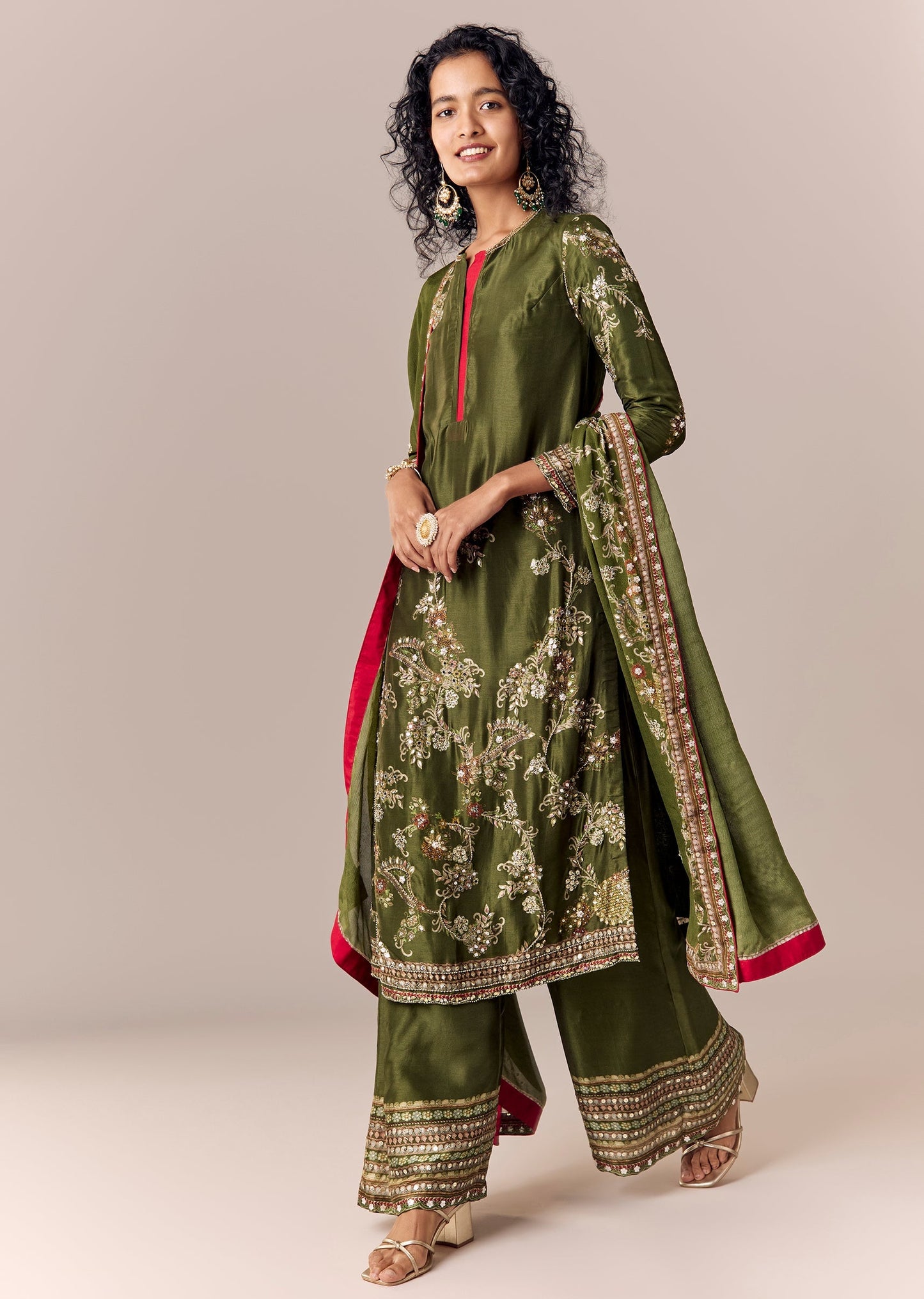 Mehendi Green Printed Kurta Palazzo Set With Dupatta