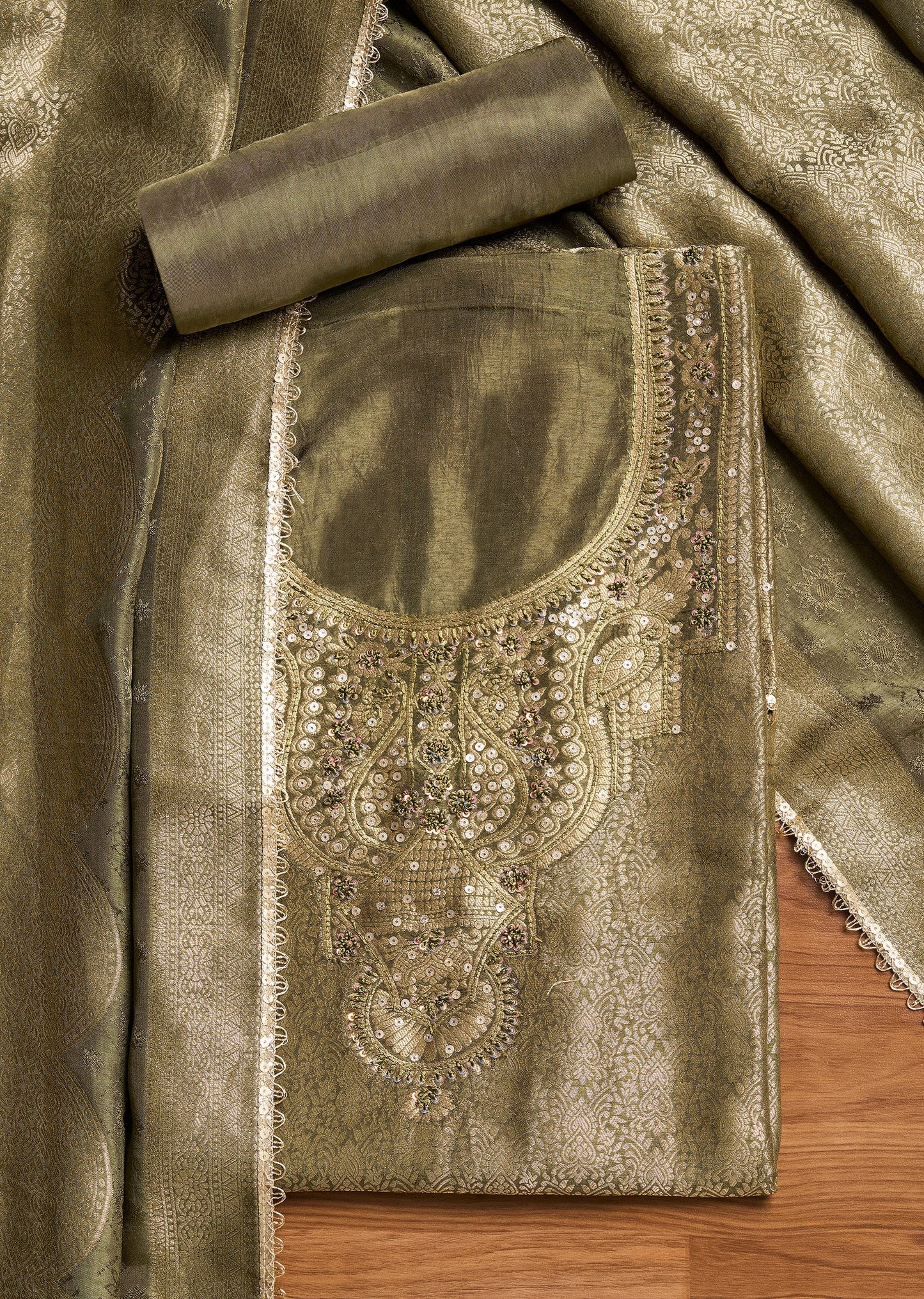 Mehendi Green Tissue Unstitched Suit With Dupatta