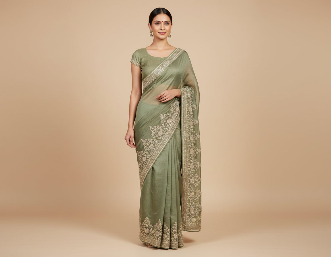 Mehendi Green Cultural Embroidered Saree