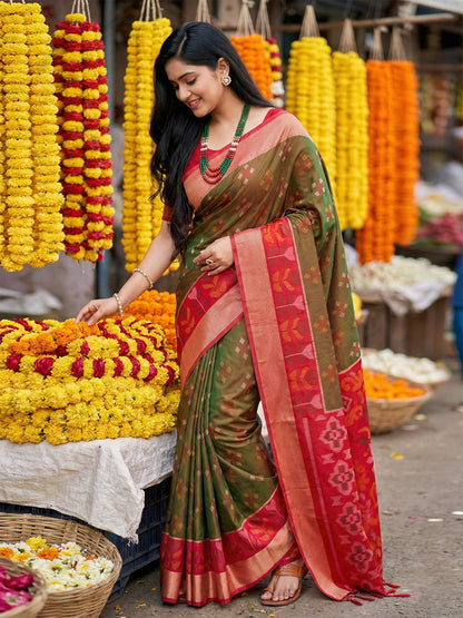 Anaita Mehendi Pochampally Silk Woven Saree With Blouse