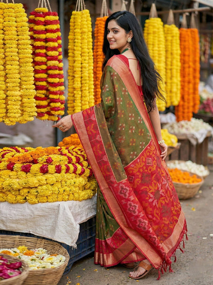 Anaita Mehendi Pochampally Silk Woven Saree With Blouse